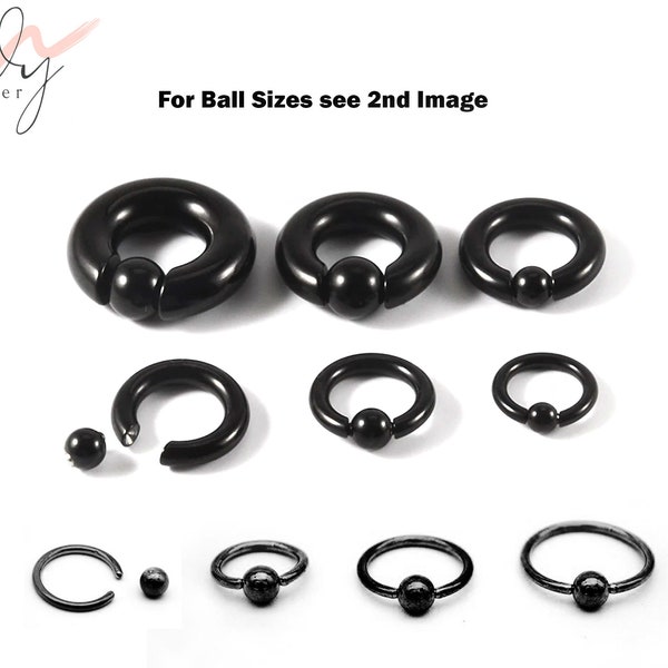 Black Ball Hoop Earrings, BCR/CBR Nose Ring - 18g to 00g Big Gauges with Spring Ball Dainty Nose Ring Hoop, PA Ring - Piercing for Ear, Nose