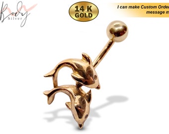 Delphin Bauchring Massiv 14K Gold Bauch Bar - Gold Designer Bauchnabel Ring - Gold 2.43 gramm - Feinster Gold Körperschmuck