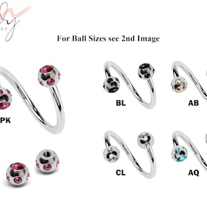 Twisted Barbell, Spiral Barbell - Twist Barbell with Multi Stone Ball - Piercing for Lip Ring, Eyebrow Piercing, Helix Earring