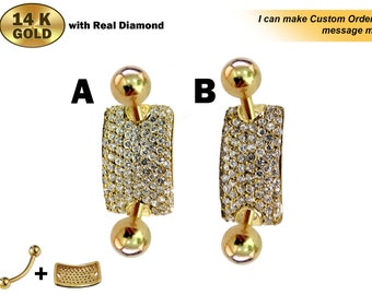 14K Gold Rectangle Belly Button Ring Filled with Crystal Hand Set - Finest Quality Gold Body Piercing