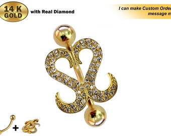14K Gold Belly Button Unique Style Heart Filled with Crystal Hand Set - Finest Quality Gold Body Piercing