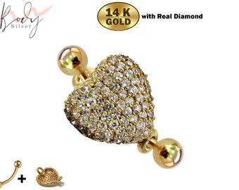 14K Gold Belly Button Ring Heart Filled with Crystal Hand Set - Finest Quality Gold Body Piercing