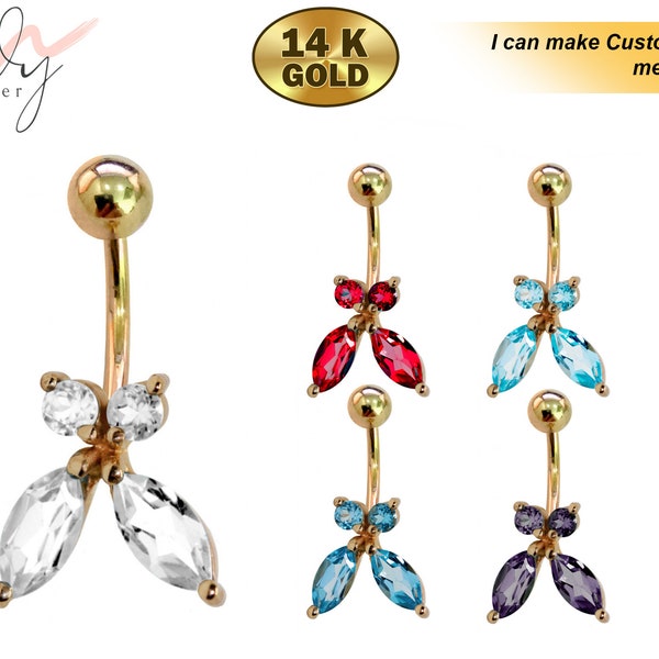 14K Gold Designer Butterfly Belly Bars, Solid Gold Belly Button Ring - Highest Quality Crystals - 14K Gold Navel Piercing Body Jewelry