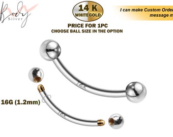 14K witgoud wenkbrauw piercing - 16G gebogen halter - piercing sieraden voor lip, helix, tragus, kwab, kraakbeen - 6 mm tot 12 mm