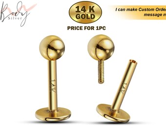 14K Yellow Gold Internally Threaded Labret Stud Lip Jewelry - Body Piercing for Lip, Helix, Tragus, Lobe, Cartilage, Medusa Piercing