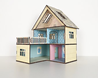 Kit de maison modèle, Kit de maison de poupée, Kit en bois découpé au laser, imprimé UV, Maison de poupée à deux étages, Maison en bois, Kit de modèle de puzzle en bois