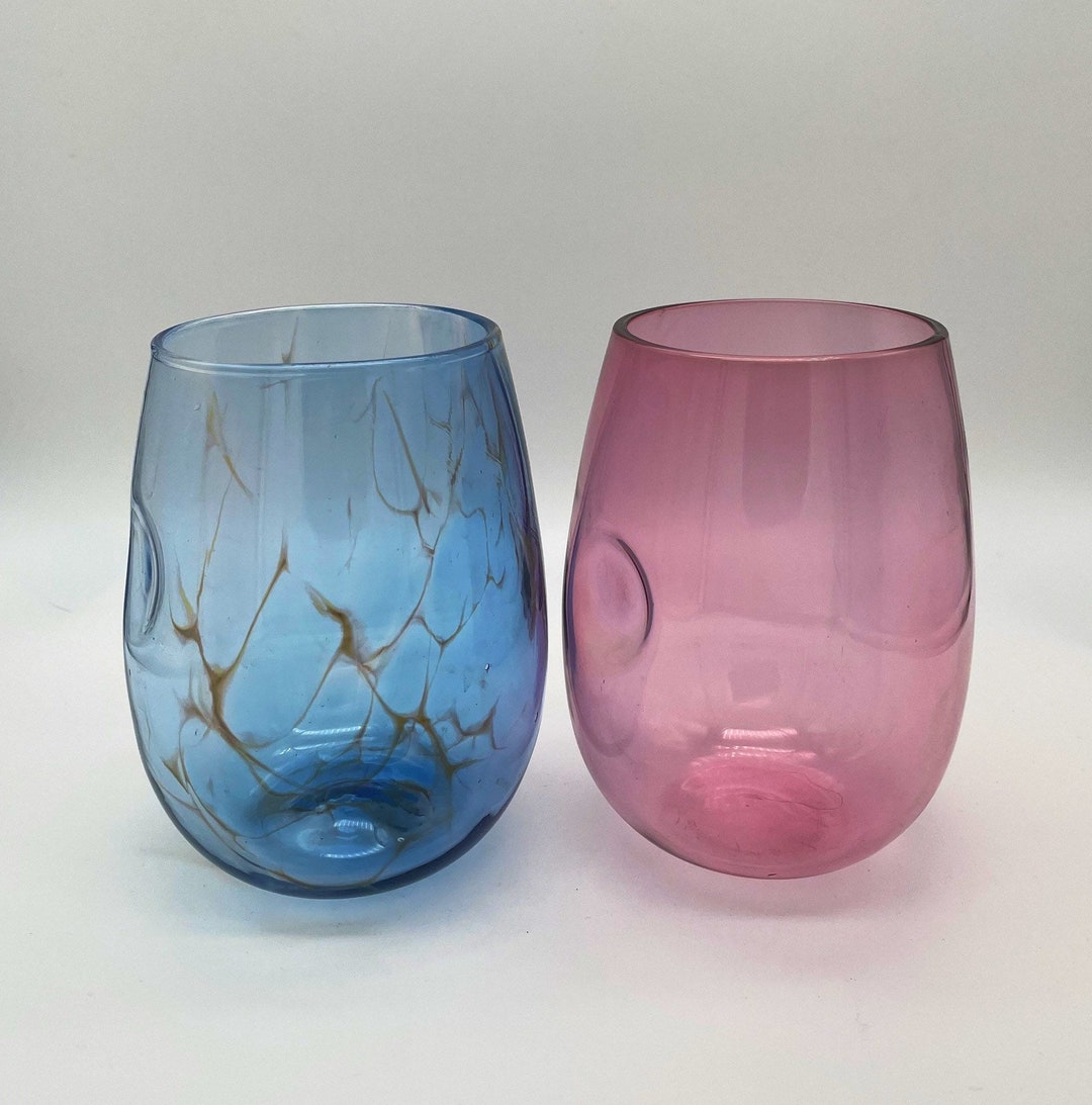 Two Stemless Wine Glasses/ Blue and Pink Set of Two, Handmade, Hand