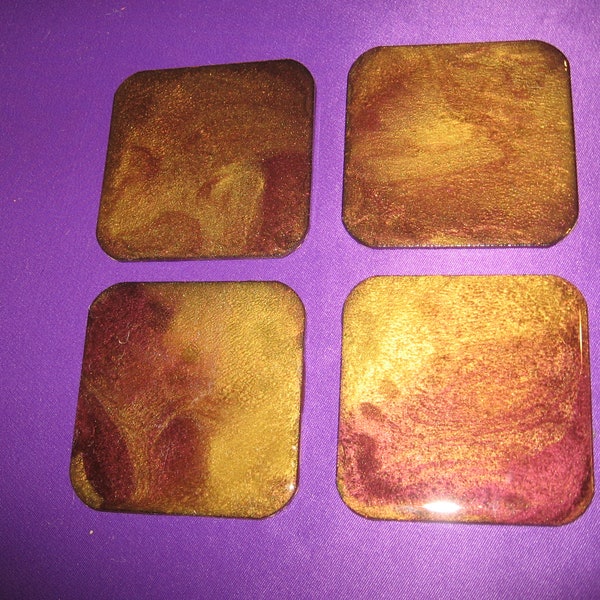 Coaster, Burgundy and Bronze, Resin and Mica on Wood with Cork Bottom