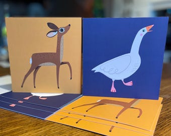 Goose and Deer Christmas Cards - 6 Pack - Recycled, sustainable card - Plastic-free packaging - FREE UK SHIPPING