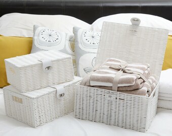 Storage Basket White Resin Woven Box With Lid & Lock In 3 Size for Home Storage, Gift Hamper