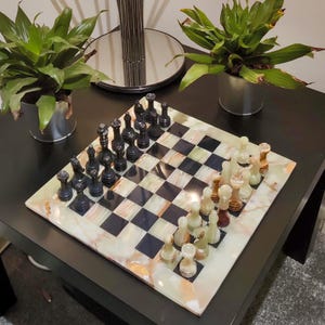 Handmade Onyx & Black Marble Chess Set: 12x12 inch Chess Board | Home Decor
