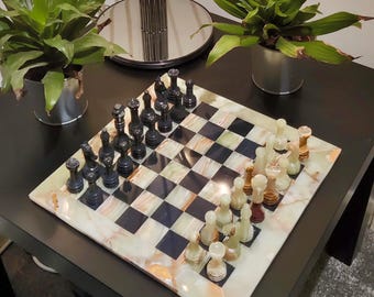 Ręcznie robiony zestaw szachowy z onyksu i czarnego marmuru: szachownica 12 x 12 cali | Wystrój wnętrz