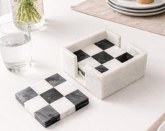 Ręcznie robione czarno-białe marmurowe podstawki: wzór w kratkę, zestaw 6 szt.