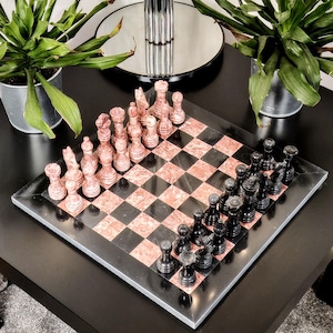 Handmade Black & Pink Marble Chess Set with Velvet Case