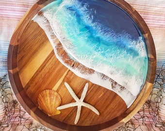 Taca z żywicy do sztuki oceanicznej: dekoracja z drewna mango w stylu nadmorskim