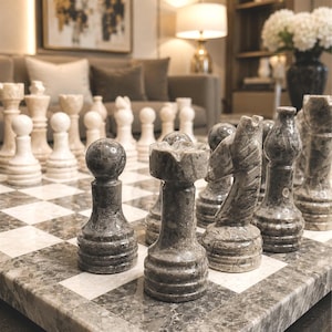 Handmade Marble Chess Set: Natural Grey and Stone Chess Board with Black Velvet Case