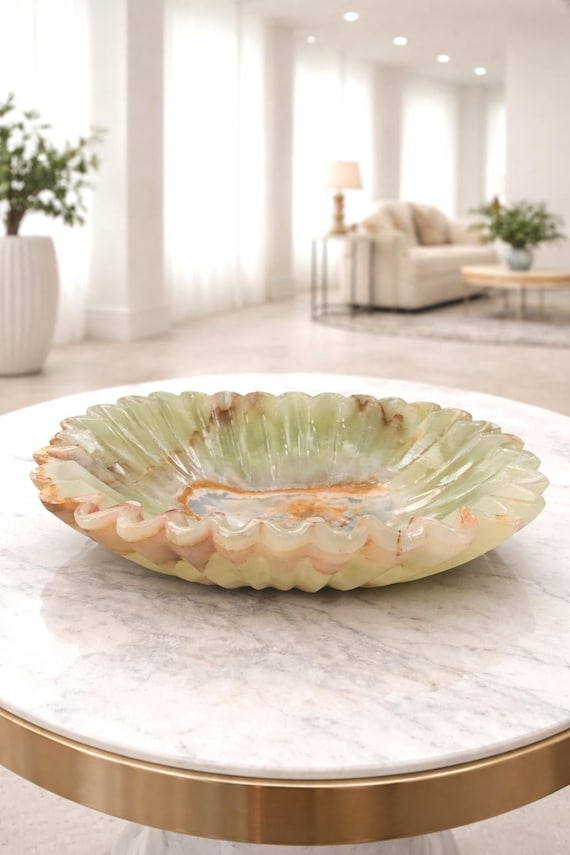 Hand-Carved Onyx Marble Bowl: Zigzag Border, Dining Table Centerpiece