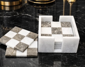 Ręcznie robione podstawki z marmuru: wzór w kratkę, zestaw 6 szt. w kolorze białego i szarego marmuru naturalnego