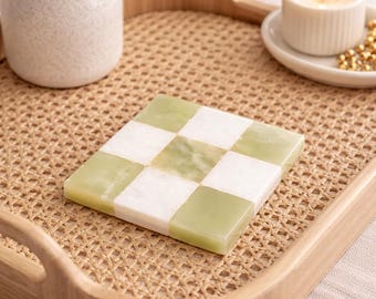 Posavasos de mármol hechos a mano: diseño de cuadros, posavasos individual en blanco ónix y blanco marrón.