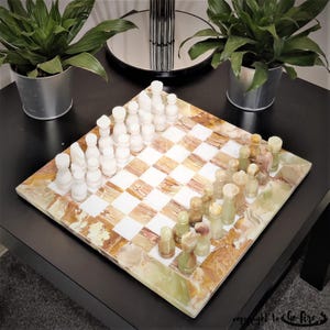 Hand Carved Marble Chess Set: Onyx & White Stone Board