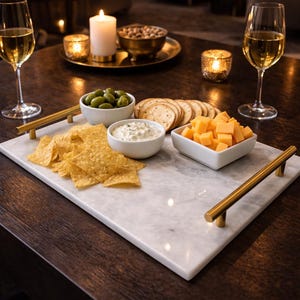 White Marble Tray with Gold Handles: Natural Finish Home Decor
