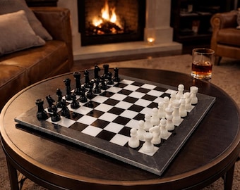 Ręcznie rzeźbiony zestaw szachów marmurowych: czarno-biała kamienna plansza (15 x 15 cali)