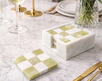 Podkładki z marmuru Onyx Green & White: wzór w kratkę, zestaw 6 szt.