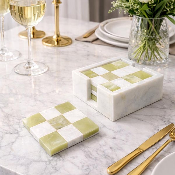Onyx Grün & Weiß Marmor Untersetzer: Karo Design, 6er Set