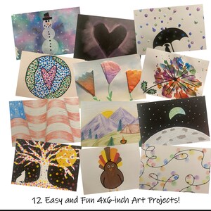Puede incluir: Doce proyectos de arte fáciles y divertidos de 10 x 15 cm para niños. Los proyectos incluyen un muñeco de nieve, un corazón, una flor, un diente de león, una escena de montaña, una luna, un árbol, un pavo y una cadena de luces.