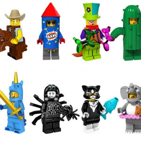 Custom - 8PCS Cowboy Costume Guy, Firework, Party Clown, Cactus Girl, Unicorn, Catwoman, Elephant Girl - Printed On LEGO Parts