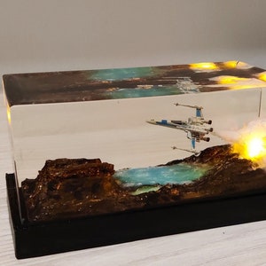 Resin Star Wars X-Wing Launch Diorama: Crafted from resin, this detailed X-Wing is enhanced by LED lights that simulate the launch, creating a vibrant scene straight from the Star Wars universe.