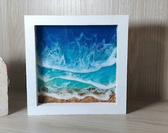Arte en resina con marco sobre el océano, decoración costera, pintura de playa