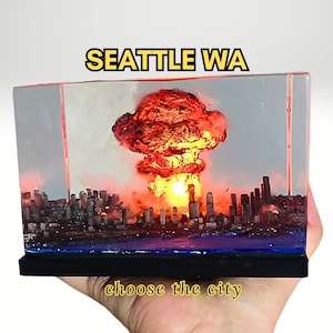CHOOSE THE CITY, Seattle Wa, resin diorama, atomic bomb, resin sculpture, epoxy resin art, small lamp, miniature diorama