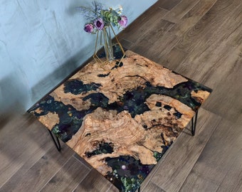 Rustic Olive Briar Wood and Resin Coffee Table - Flower Inlay, Square Accent Table