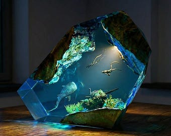 Whale Shark & Diver Epoxy Wood Lamp - Underwater Ocean Night Light - Unique Scuba Gift