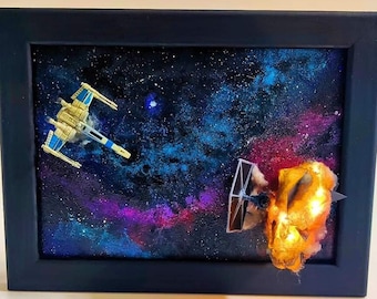 star wars wall art, star wars diorama, wall decor, xwing attack, star battle miniature, star wars frame, 3d art with leds, acrylic paint