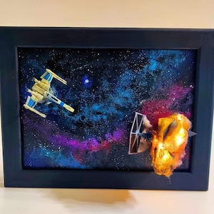 star wars wall art, star wars diorama, wall decor, xwing attack, star battle miniature, star wars frame, 3d art with leds, acrylic paint