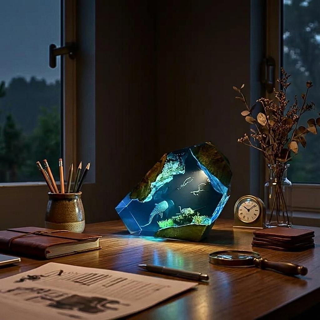 Whale Shark & Diver Epoxy Wood Lamp - Underwater Ocean Night Light