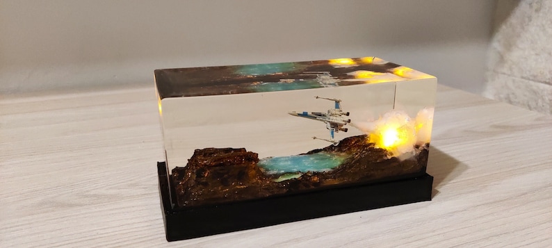 Resin Star Wars X-Wing Launch Diorama: Crafted from resin, this detailed X-Wing is enhanced by LED lights that simulate the launch, creating a vibrant scene straight from the Star Wars universe.