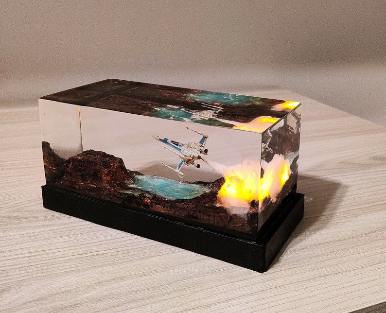 X-Wing Diorama with LED Thrusters: This resin sculpture of an X-Wing captures the essence of a thrilling Star Wars launch, with LED lights simulating the ship's thrusters as it takes flight.
