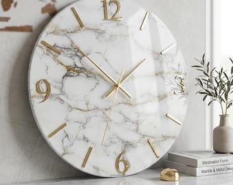 70cm Epoxy Resin Wall Clock – Marble Gold Roman Numerals, Modern Home Decor