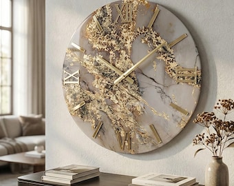 White and Gold Epoxy Resin Clock - Modern Geode Wall Art
