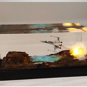 X-Wing Resin Diorama with LED Launch Effect: This resin diorama showcases a detailed X-Wing, with LED lights simulating an intense launch sequence, creating a dynamic and lifelike Star Wars display.