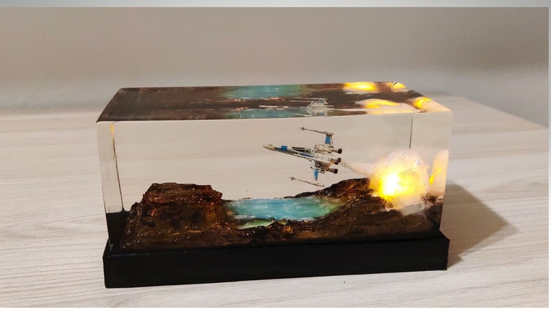 X-Wing Resin Diorama with LED Launch Effect: This resin diorama showcases a detailed X-Wing, with LED lights simulating an intense launch sequence, creating a dynamic and lifelike Star Wars display.