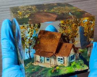 Resin Diorama, Miniature House, Resin Sculpture, Resin Cube, tiny house
