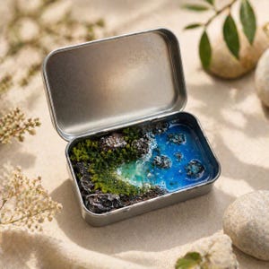 Seascape Resin Art Diorama, Tiny Ocean Scene in Repurposed Candy Tin