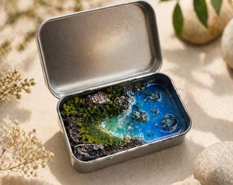 Seascape Resin Art Diorama, Tiny Ocean Scene in Repurposed Candy Tin
