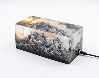 Resin diorama, miniature landscape, sunset mountain, hand-sculpted, romantic sunrise, ornament, resin sculpture