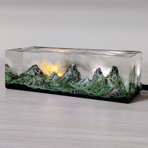 Resin diorama, Mountains at sunset, resin lamp, resin sculpture, diorama miniatures, resin light, small lamp, 50th birthday gift for women