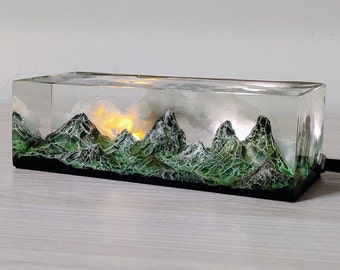 Resin diorama, Mountains at sunset, resin lamp, resin sculpture, diorama miniatures, resin light, small lamp, 50th birthday gift for women